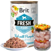 Холистична консервирана храна за кучета Brit Fresh Fish with Pumpkin с 44% прясна риба, 23% пилешко и 6% тиква